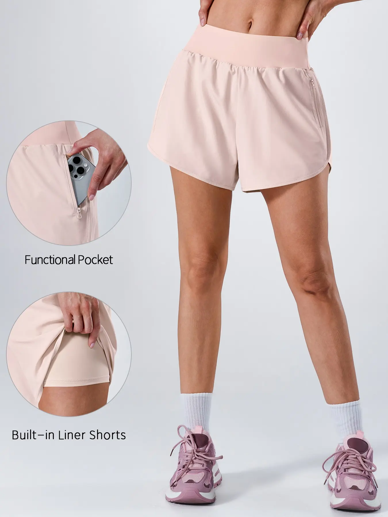 Women's Sporty Shorts with Zip Pockets, Anti-Exposure Running Pants, Breathable Fabric, Wide Waist, Slimming Design, Quick-Dry, Quick Drying Shorts