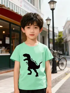 Boys' Single-Piece Short Sleeve T-Shirt Cool Graphic Tee Summer Trendy Design, Dinosaur Silhouette Print, Casual Loose Fit, Perfect Gift for Kids, Funny Graphic Tees
