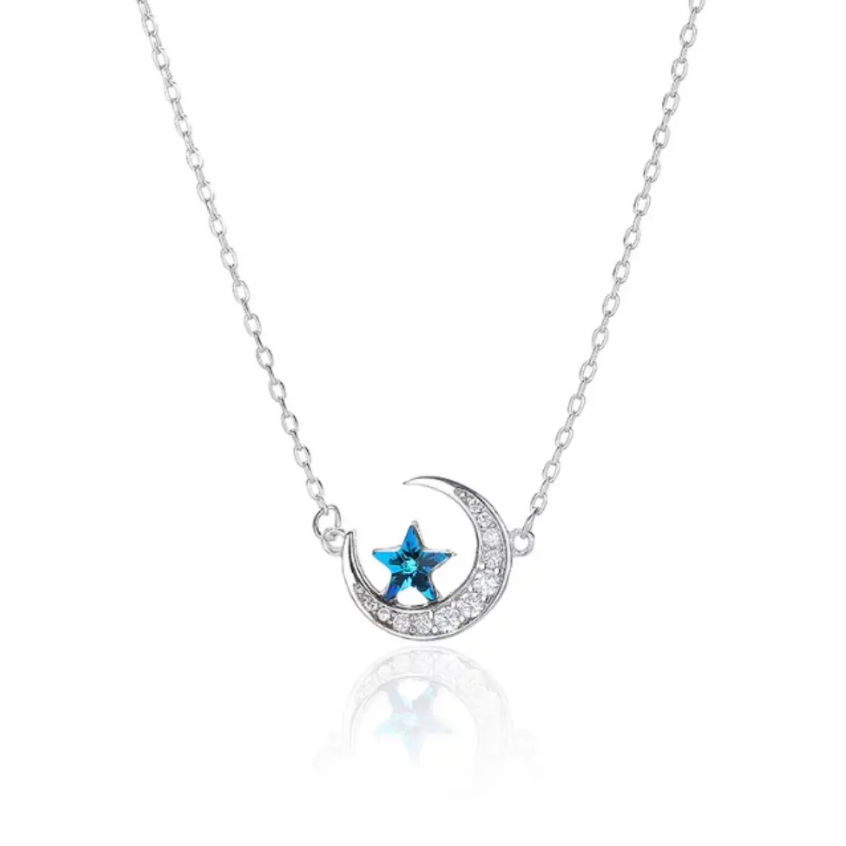 S925 Sterling Crescent Moon Blue Star Necklace