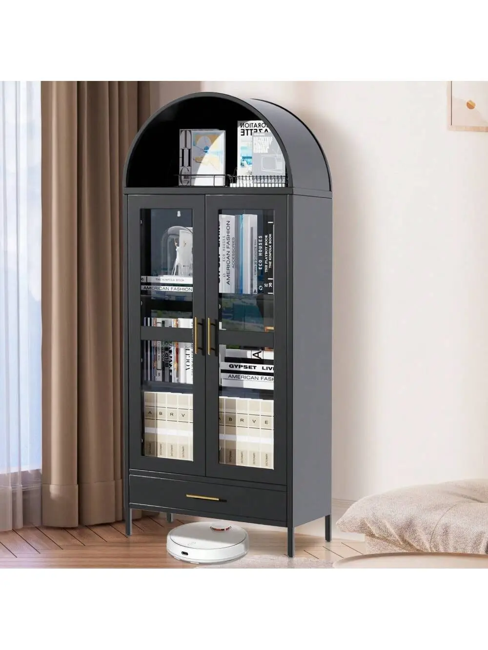 Gaomon 73" Tall Modern Farmhouse Arched Pantry Cabinet, Black Multi-Functional Metal Steel Storage Furniture with Glass-Door Cupboard, 2 Adjustable Shelves, Drawers, Adjustable Legs, Easy Installation