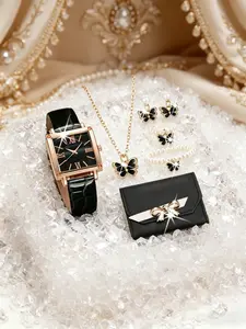 Women's Quartz Watch Elegant Set, Square Dial, Includes Wallet, Butterfly Necklace, Earrings, Pearl Bracelet, Ring, Perfect Gift for Holidays