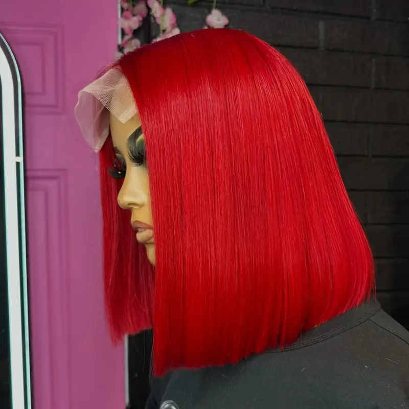 Hot Red Colored Bob Human Hair Wigs 13x4 Lace Frontal Straight Wigs for Women Shiny Red Colored 180 Density Big Lace Frontal Pre Plucked Wigs