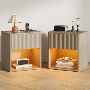 Fluted Nightstands Set 2, Side Tables with Charging Station & LED Light, Modern Mid Century End Table with Drawer, Farmhouse Bed Side Tables for Bedroom Living Room Sofa Couch, Grey Oak