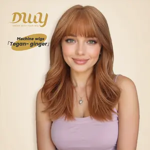 Tegan-DWY Machine Made Mid-length Wavy Hairstyle with Blunt Bangs Light Ash Blonde Glueless Synthetic Wig for Women 18 Inches Silky Straight Wig