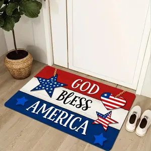 God Bless America Doormat Patriotic Red White Blue Floor Mat 4th of July Independence Day Welcome Mat Front Door Entryway Rug Memorial Day Home Porch Decor Star Heart Design Wood Grain