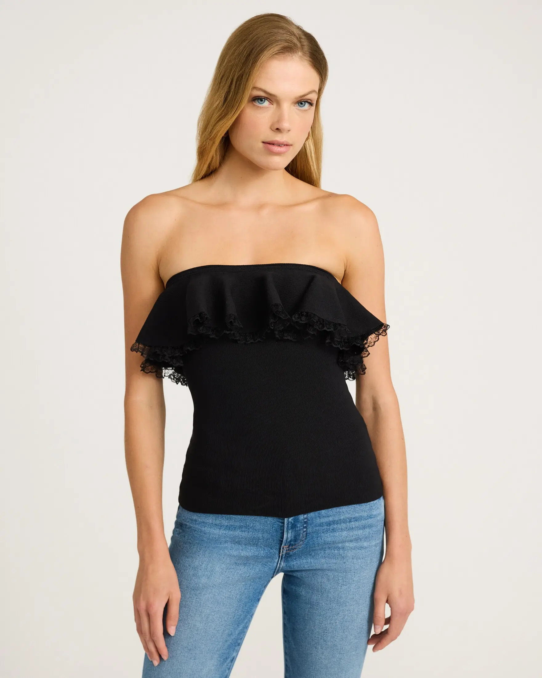 Express Strapless Lace Trim Ruffle Sweater Tube Top, Sleeveless, Feminine