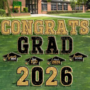 20 PCS Graduation Yard Signs, Black Gold Congrats Grad Lawn Stakes, Class of 2026 Yard Signs with Stakes, Graduation Party Decorations Outdoor, Waterproof GRAD Yard Decor for College High School HOVACY