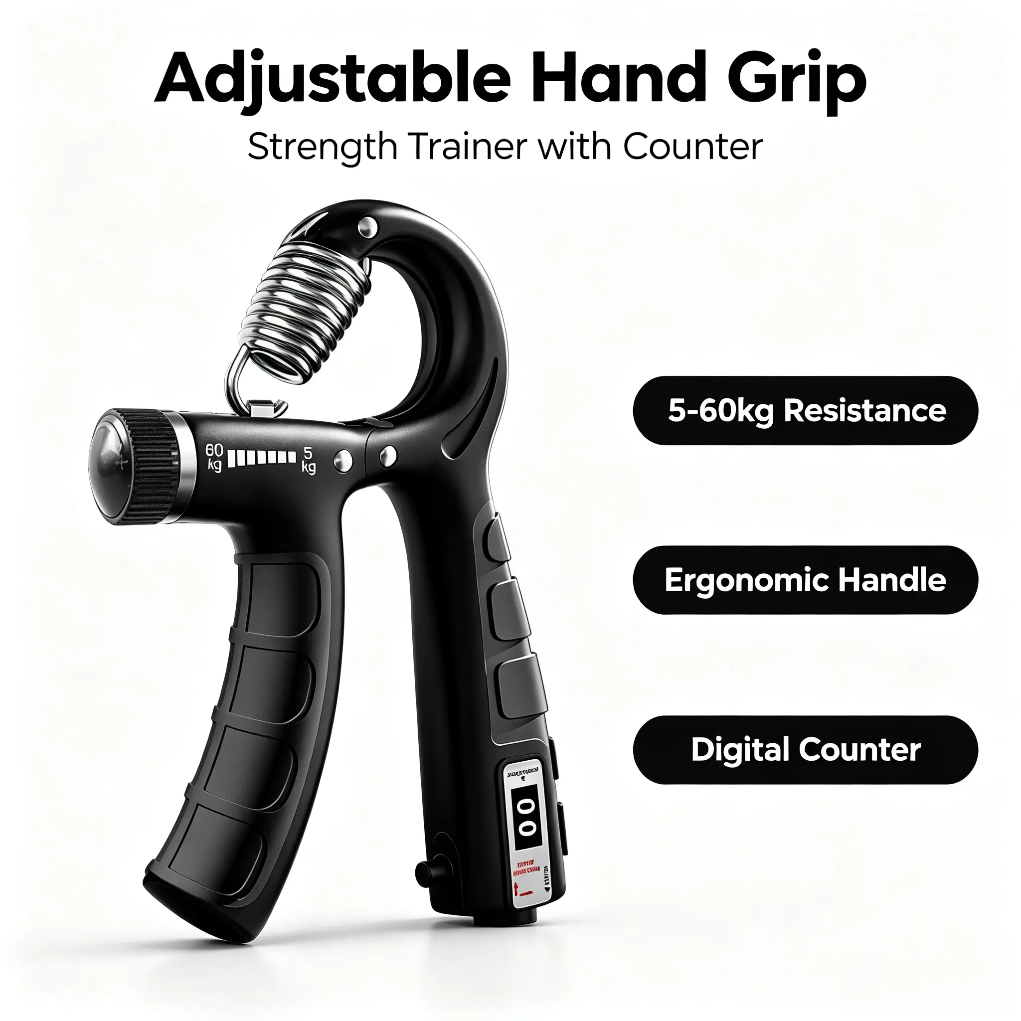 1Pc Adjustable Hand Grip Strengthener, Countable Spring Type, Non-slip Handle, 5-60kg Resistance, Hand Forearm Exerciser for Gym Training, Rehabilitation & Home Workout