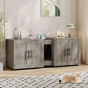 GARVEE Litter Box Enclosure with Double Room, Cat Hidden Litter Box Enclosure Furniture for 2 Cats, Wooden Enclosed Cat Litter Box Furniture,55”L x 17.7”W x 22.5”H Cat House,Gray