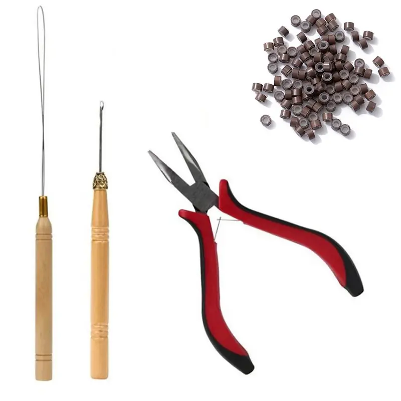 Hair Extension Tool Kit, 200pcs Micro Ring Beads & 1 Count Micro Pulling Needle & 1 Count Loop Threader & 1 Count Pliers, Professional Hair Styling Tools Accessory