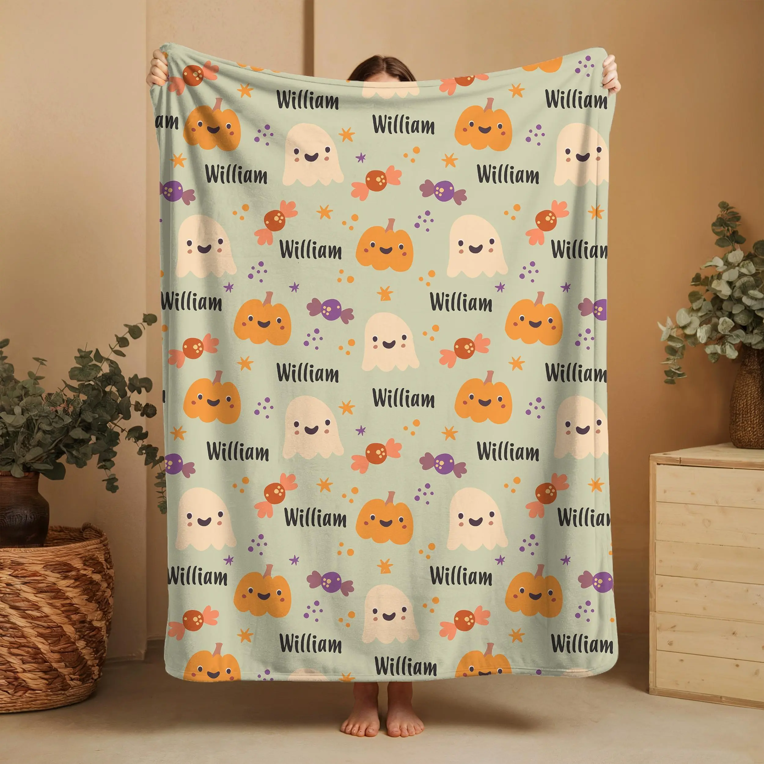 Personalized Halloween Fleece Blanket Halloween Gift For Kids Custom Name Throw Halloween Home Decor Halloween Decorations Fall Blanket