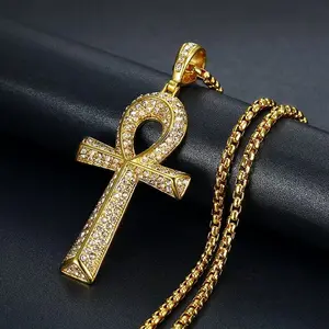 Unisex Stainless Steel Ankh Cross Key Pendant Necklace, 18K Gold-Plated with Full Cubic Zirconia Setting, Gothic Guardian Jewelry, Suitable as a Gift for Mom, Wife, and Grandma