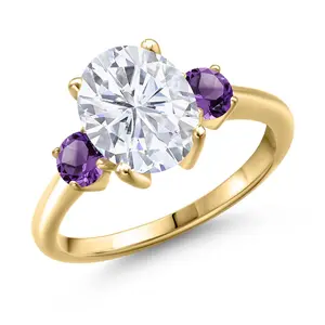 Gem Stone King White Moissanite & Gemstone Birthstone 3-Stone Engagement Ring For Women | 18K Yellow Gold Plated Silver | Oval 10X8MM & Round 4MM | Wedding Promise Ring