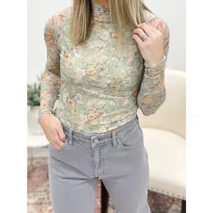 Iris Floral Mesh Top Mint Small - Long Sleeve Blouse with Floral Print, Soft Fabric, and Comfortable Fit