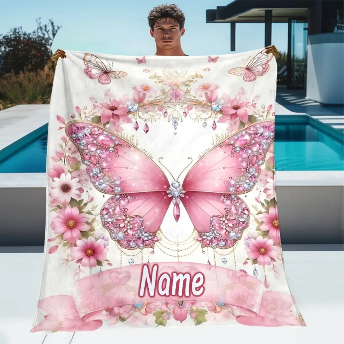 Personalized with Name/text, Pink Butterfly Design, Featuring Flowers and Hearts, Suitable for Outdoor Use, Ideal for Camping, Picnics, Hiking, Travel, Bedroom and Office- Soft and Warm Printed Blanket- Lightweight Flannel Material, Perfect Gift for