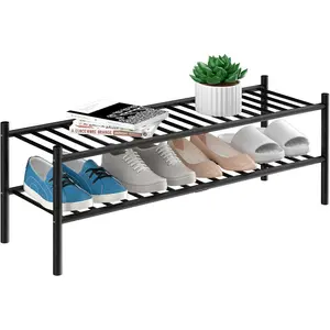 2-Tier  Long Shoe Rack, Free Standing  Shoe Shelf Storage Organizer for Closet Entryway Stackable 35"x11"x13" (Black)