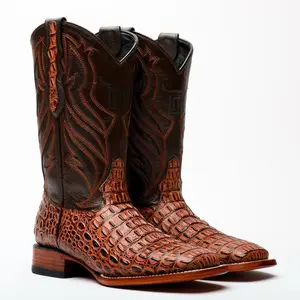 Cognac Caiman Hornback Leather Boots - Square Toe