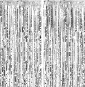 2-Pack Silver Foil Curtain Backdrop – Metallic Tinsel Fringe Curtains for Photo Booth, Birthday, Wedding, Engagement, Baby Shower, Bachelorette, Christmas, and Party Decorations.