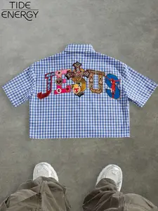 Men's Jesus Gem Letter Plaid Short Shirt, Blue Striped Sleeveless Collar Saint Heart & Cross Print Top, Christian Streetwear