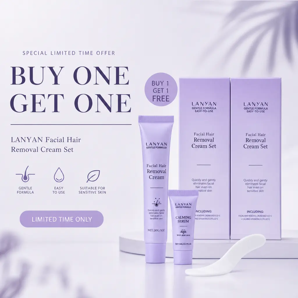 Buy 1 Get 1 - Gentle Facial Hair Removal Cream Set — Painless Hair Remover for Upper Lip, Chin & Sensitive Skin with Calming Serum (30g Cream + 5ml Soothing Repair Serum)