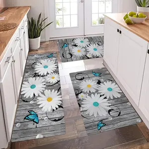 [Non-Slip Rug] 2/3pcs Non-Slip Vintage Daisy and Butterfly Kitchen Rug Set | Machine Washable Lightweight Polyester Mats, Striped Flower Pattern, Knit Weave, Comfortable Standing Pad for Home, Living Room, Bedroom, Dining, Bathroom fashion mixed color
