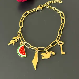 Gold-Plated Palestinian Symbol 5 Charms Bracelet Adjustable with Olive Branch Watermelon Map Dove & Key of Return Quality Palestinian Jewelry & Accessories – Palestine Necklaces for Women & Men, Rings, Flag, Keffiyeh Kufiya, Watermelon Charms & Calligraph