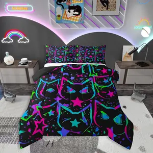 Halloween Cat Bedding,Black Cat Comforter Set,Ombre Glowing Neon Stars Down Comforter,Kawaii Cartoon Kitten Duvet Insert,Gradient Galaxy Quilt