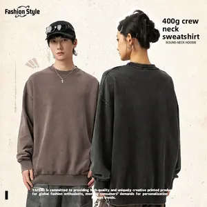 Washed crew neck sweater retro trendy brand autumn and winter thermal sweater American niche loose sweater