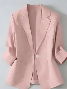 Plus Size Women's Plain Thin Fashion Jacket, Classic Lapel Design, Dual Pockets, Suitable for Spring Summer, Daily Commute Outdoor Wear