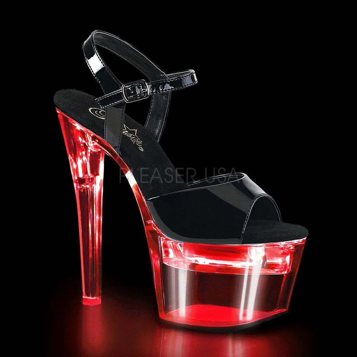 Women's High Heeled Platform Sandals - FLASHDANCE-709, 7" Heel Black Patent Leather Decorative Platform Heel Women's Heeled Sandals