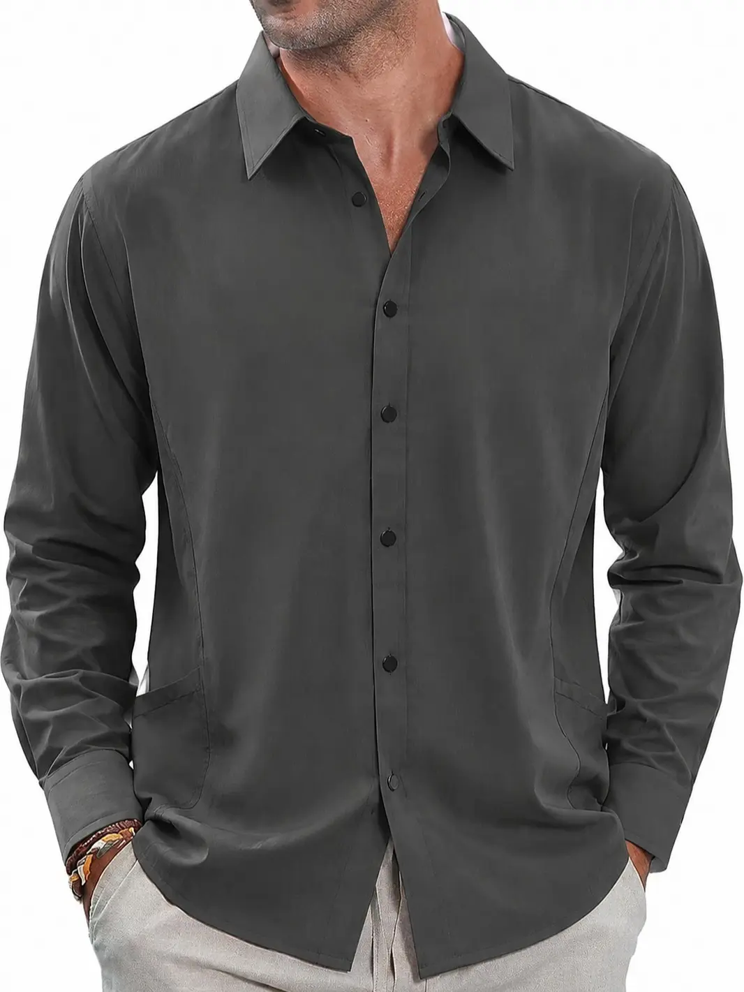 Men's Long-Sleeves Collared Casual Shirt - Classic Menswear Collar, Snap Button Closure, Button Pockets, Spliced Detail Polyester Fabric Top