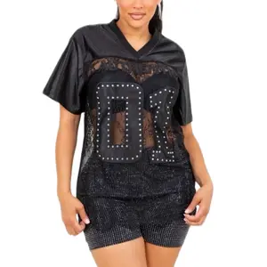 Katherine Top - Red and Black Design with AUTHENTIC 01 Text Sheer Overlay Feature Pattern Embroidered Crochet Shirt 95% Polyester 5% Spandex