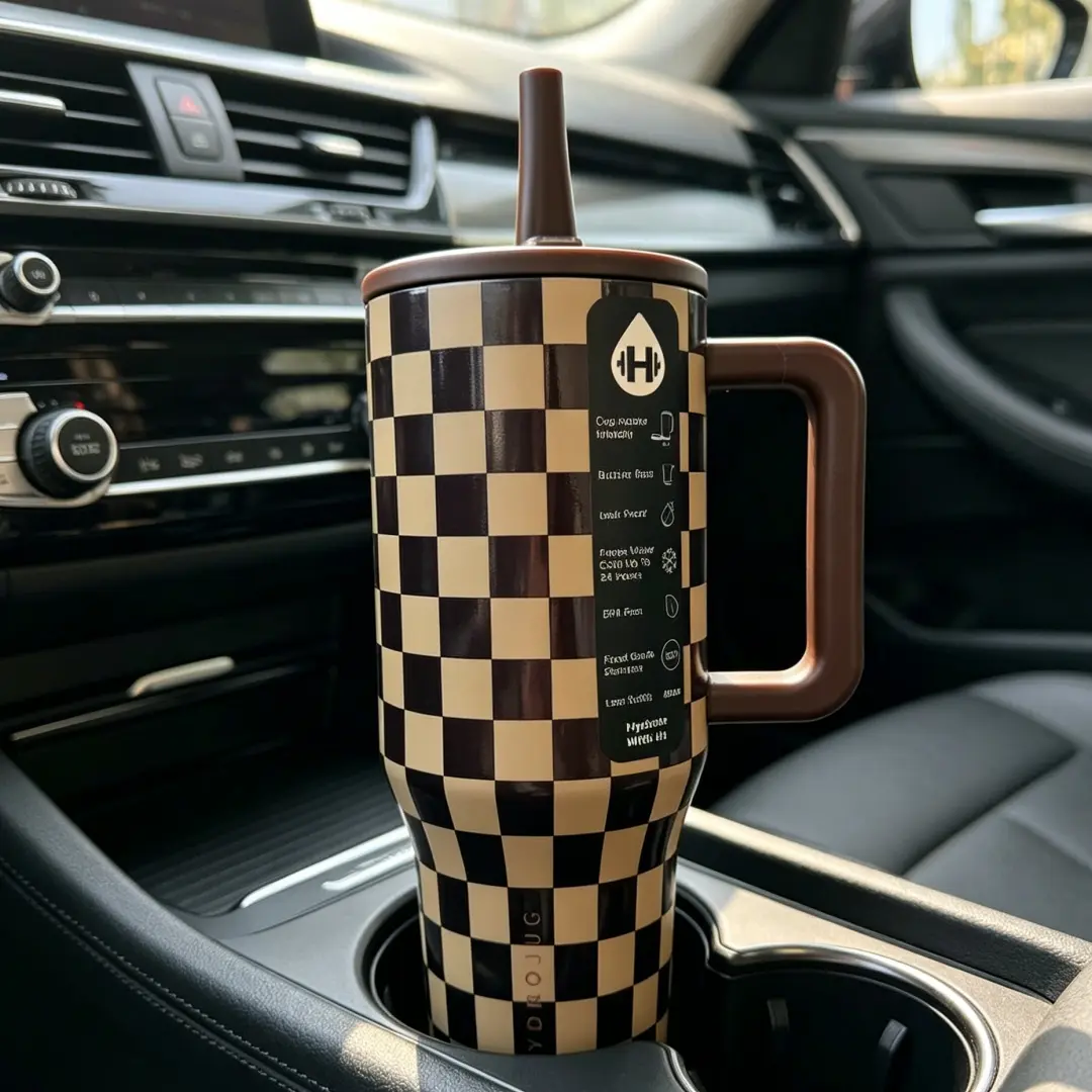 40oz HydroJug Plaid Handle Insulated Tumbler Mug - Retro Premium Stainless Steel, Heat-Resistant, Leak-Proof, Large-Capacity Portable Vacuum Flask, Insulated Cup for Car, Office Use
