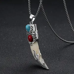 Vintage Bohemian Style Wolf Tooth Pendant Necklace - Turquoise Inlaid with Synthetic Gems, Creative Gift for Women