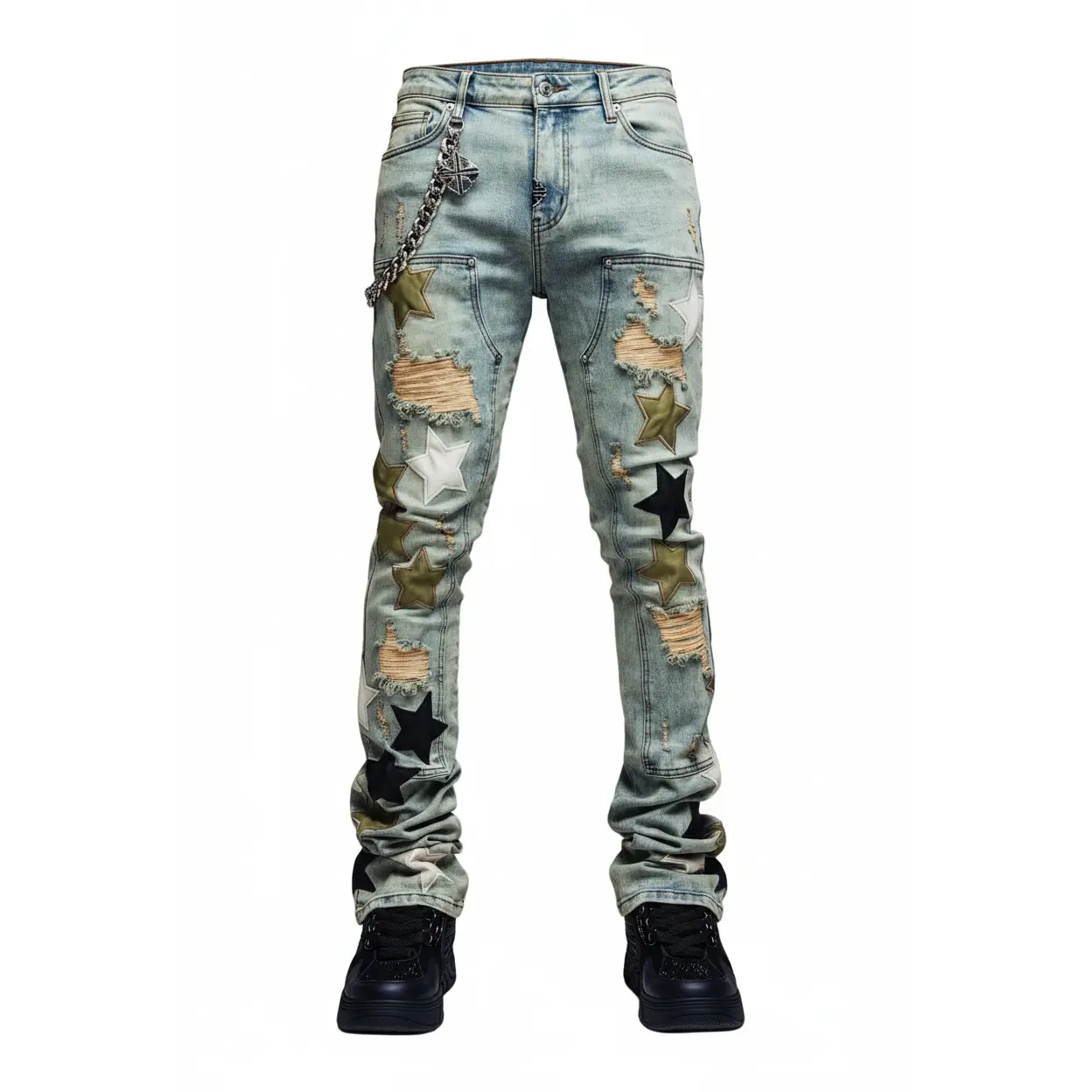 GUAPI OLIVE GREEN VINTAGE STARS DENIM JEANS GUAPI OLIVE GREEN VINTAGE STARS DENIM JEANS