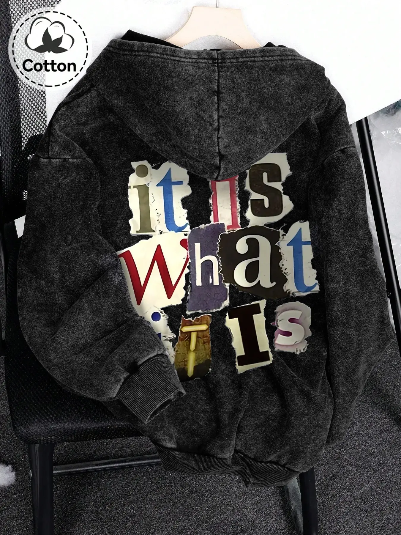 Oversized Washed Black Graphic Hoodie Sweatshirts | Vintage Streetwear Distressed Pullover with Patchwork "It Is What It Is" Letters | Unisex Hip-Hop Statement Sweater for Fall Layering Aesthetic Vibe