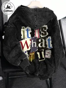 Oversized Washed Black Graphic Hoodie Sweatshirts | Vintage Streetwear Distressed Pullover with Patchwork "It Is What It Is" Letters | Unisex Hip-Hop Statement Sweater for Fall Layering Aesthetic Vibe