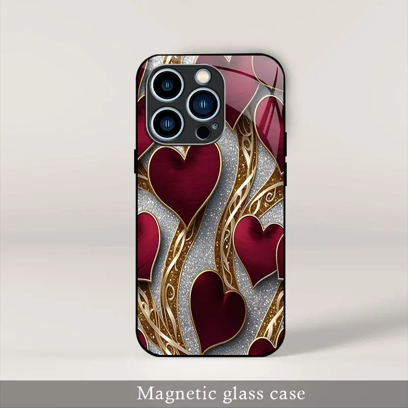Luxurious Burgundy Heart Magnetic Glass Case for iPhone 17/16/15/14/13/12 Pro Max | Aesthetic Coquette Gold Glitter Sparkle MagSafe Cover — 975