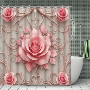 Floral Pattern Decorative Bathroom Accessories Set, Includes Shower Curtain, U-Shaped Toilet Pad, Rectangular Pad, Toilet Lid Cover, Casual Style