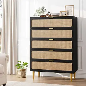 Rattan 5 Drawer Dressers for Bedroom, Tall Dresser with Deep Drawers, Large Chest of Drawers for Closet with Wide Top, Long Wooden Dresser for Living Room, Hallway, Kids Room