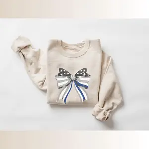 Blue Line Bow Sweatshirt, Police Support Pullover, American Flag Crewneck, Law Enforcement Apparel, Patriotic Jumper, Coquette Aesthetic