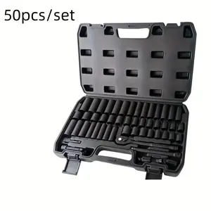50-Piece 3/8" Drive Socket Set, SAE (5/16"-3/4") & Metric (8mm-22mm), Deep & Shallow, 72-Tooth Ratchet Wrench, Extension Bars, 1/2" F to 3/8" M Reducer, Universal Joint & Power Drill Adapter Tool Box