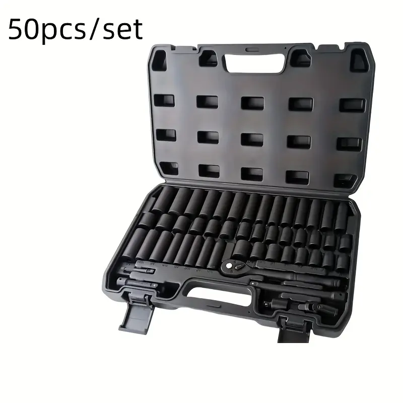50-Piece 3/8" Drive Socket Set, SAE (5/16"-3/4") & Metric (8mm-22mm), Deep & Shallow, 72-Tooth Ratchet Wrench, Extension Bars, 1/2" F to 3/8" M Reducer, Universal Joint & Power Drill Adapter Tool Box