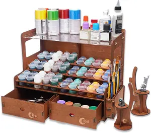 OPHIR Paint Rack for 60 Bottles and 32 Brushes, Wooden Acrylic Paint Organizer with 2 Brush Holder, 2 Miniature Painting Handles, 2 Drawers for Model Paints Bottle Organizer, Holes Dia.1.42 Inches