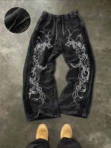 Men's Casual Loose Cotton Sport Pants, Graphic Print, Drawstring Waist, Fitted, Long Regular, Street Style, All Seasons, Active Pants
