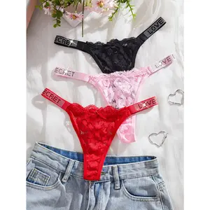 3-Piece Letter Print Water Brick Seamless Low-Rise Lace Thong, Comfortable Semi-Transparent Panties