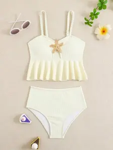 Girls Pink Textured Tankini Set | Hollow Design | Beach Holiday Swimsuit | Tween Swimwear
