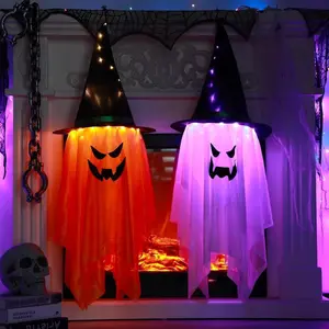 2-Pack Large Glowing Ghost Decorations - Lighted Witch Hat Ornaments - Indoor Outdoor Halloween Party Decor  Set Cloth adult party halloween  outdoor  decoration  set Illuminated Lantern Spooky