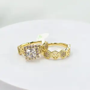 RINGS 14K Gold Plated Honeycomb Ring Set with Cubic Zirconia | Adjustable Women's Fashion Rings