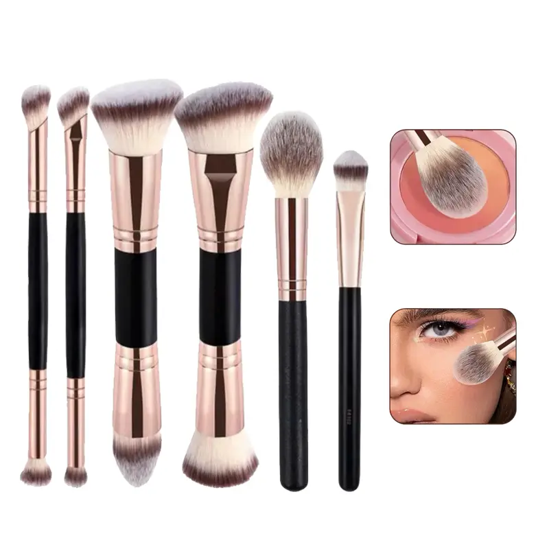 6PCS Double-Ended Makeup Brushes Set, Professional Foundation Eyeshadow Blush Concealer Contour Brushes, Premium Synthetic Bristles for Face & Eye Makeup